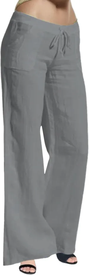 2024 Women's Summer Linen Pants Solid Wide Leg Beach Pants Drawstring Waist Loose Trouser Cotton Linen Yoga Palazzo Pants