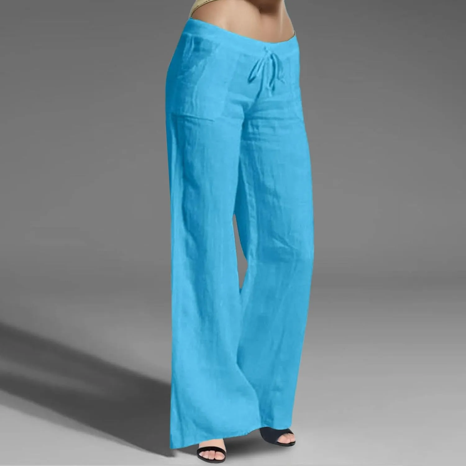 2024 Women's Summer Linen Pants Solid Wide Leg Beach Pants Drawstring Waist Loose Trouser Cotton Linen Yoga Palazzo Pants