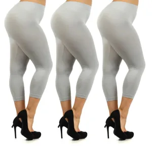 3 Women Plus Size Stretch Leggings High Waisted Solid Capri Active Tummy Control