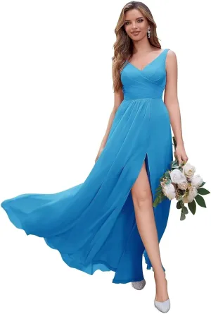 A Line Long Chiffon Bridesmaid Formal Evening Dress for Women Long Wedding Guest Party Event Dress with Slit