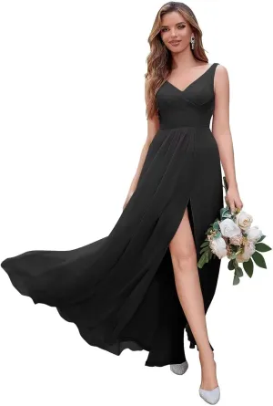 A Line Long Chiffon Bridesmaid Formal Evening Dress for Women Long Wedding Guest Party Event Dress with Slit