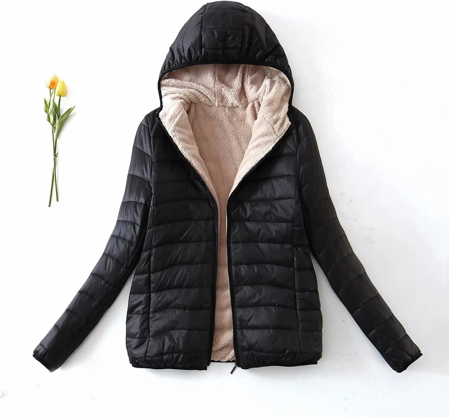 Akklian Womens Padded Cotton Puffer Jacket Winter Slim Fit Down Jackets & Parkas Zip Up Hooded Coat Sherpa Thermal Plush Tops