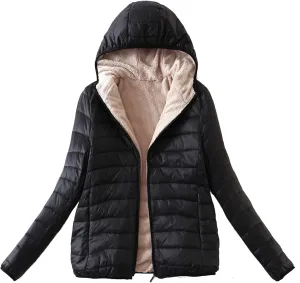 Akklian Womens Padded Cotton Puffer Jacket Winter Slim Fit Down Jackets & Parkas Zip Up Hooded Coat Sherpa Thermal Plush Tops