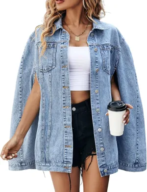 Angsuttc Denim Jacket for Women Cape Coat Sleeve Holes Button Down Jean Jackets Outerwear