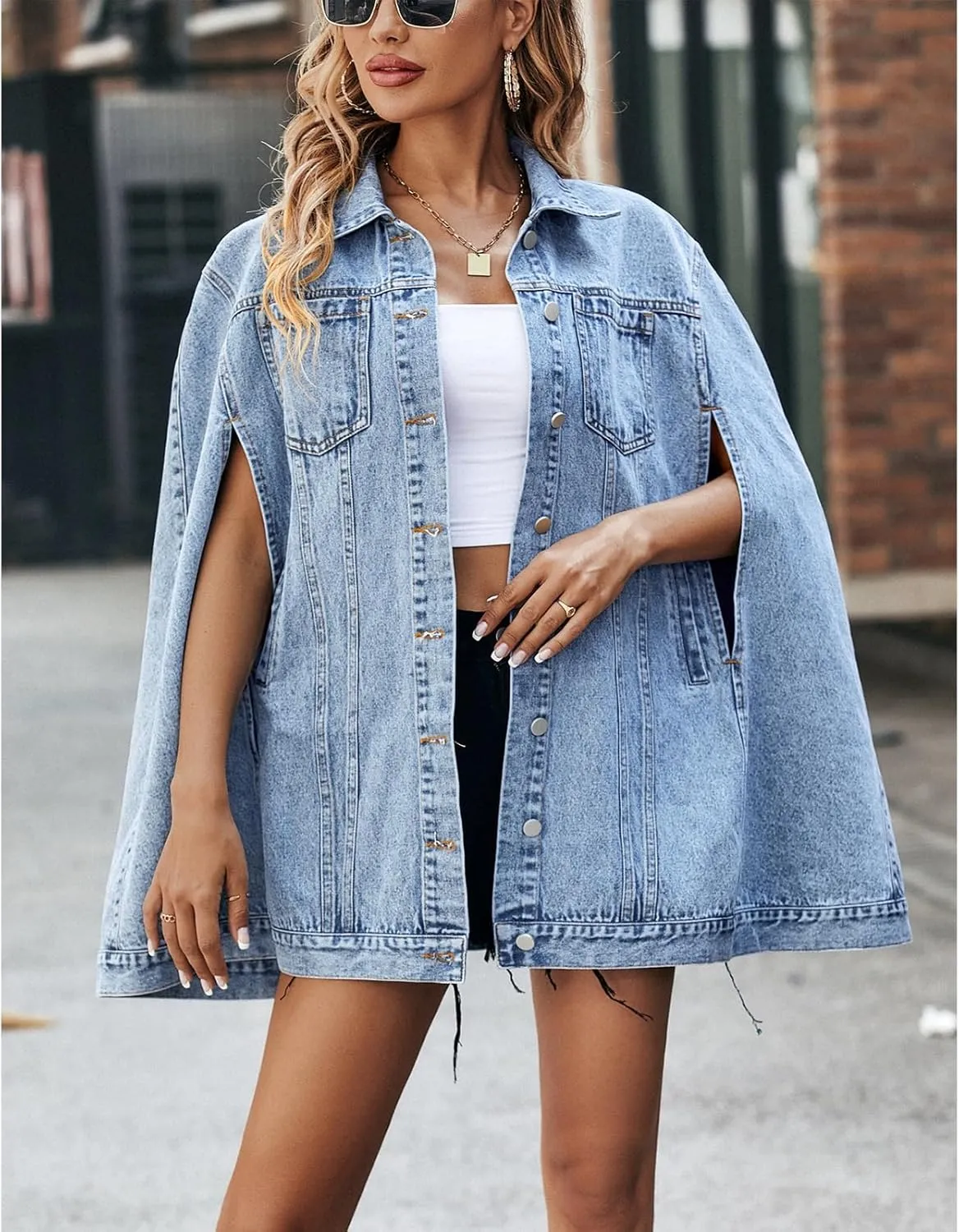 Angsuttc Denim Jacket for Women Cape Coat Sleeve Holes Button Down Jean Jackets Outerwear