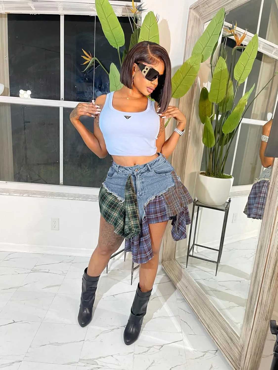 Angsuttc Skirts for Women Trendy Summer Denim Plaid Patchwork High Waisted Mini Skirt