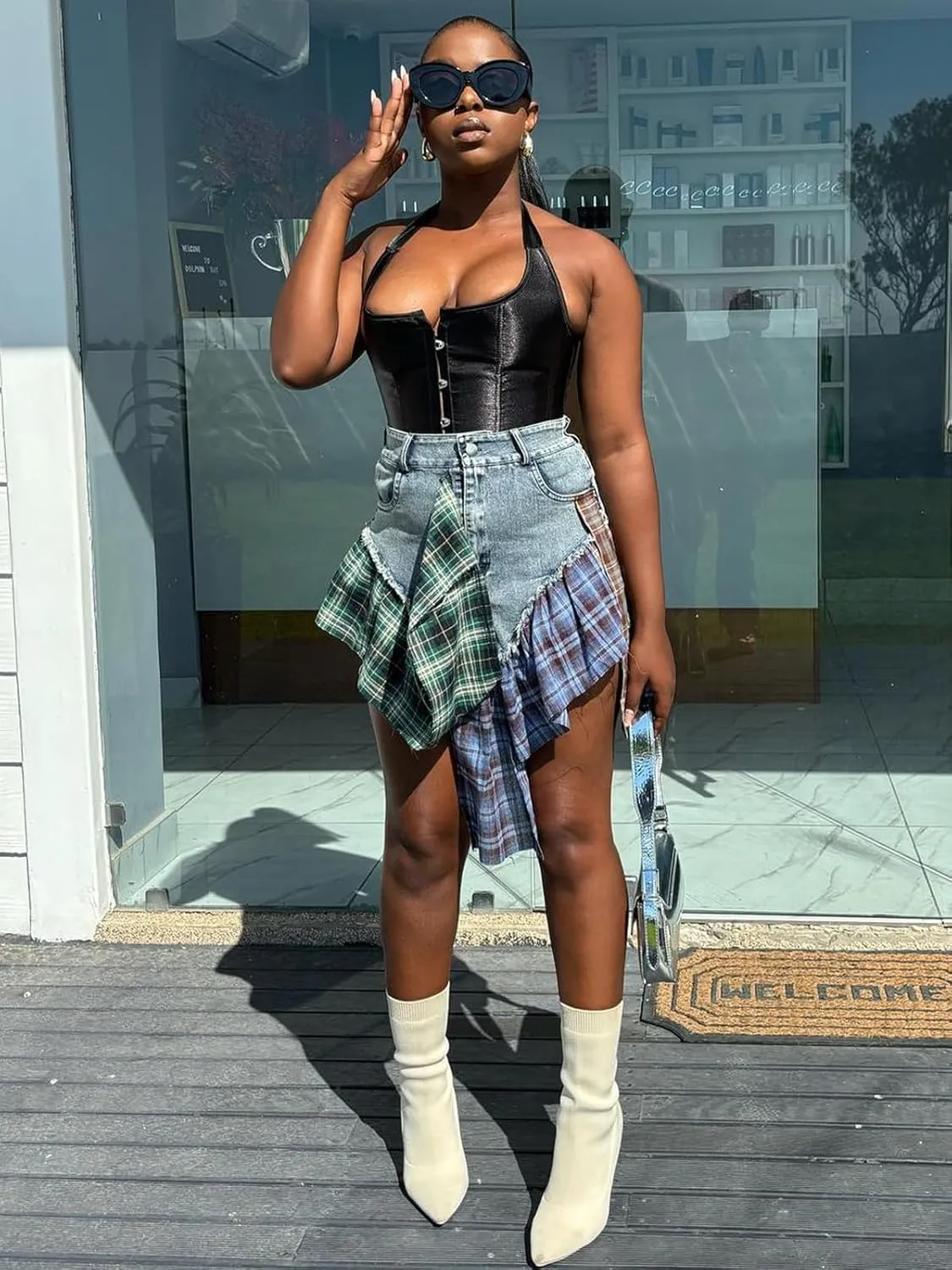Angsuttc Skirts for Women Trendy Summer Denim Plaid Patchwork High Waisted Mini Skirt