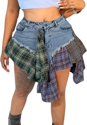 Angsuttc Skirts for Women Trendy Summer Denim Plaid Patchwork High Waisted Mini Skirt