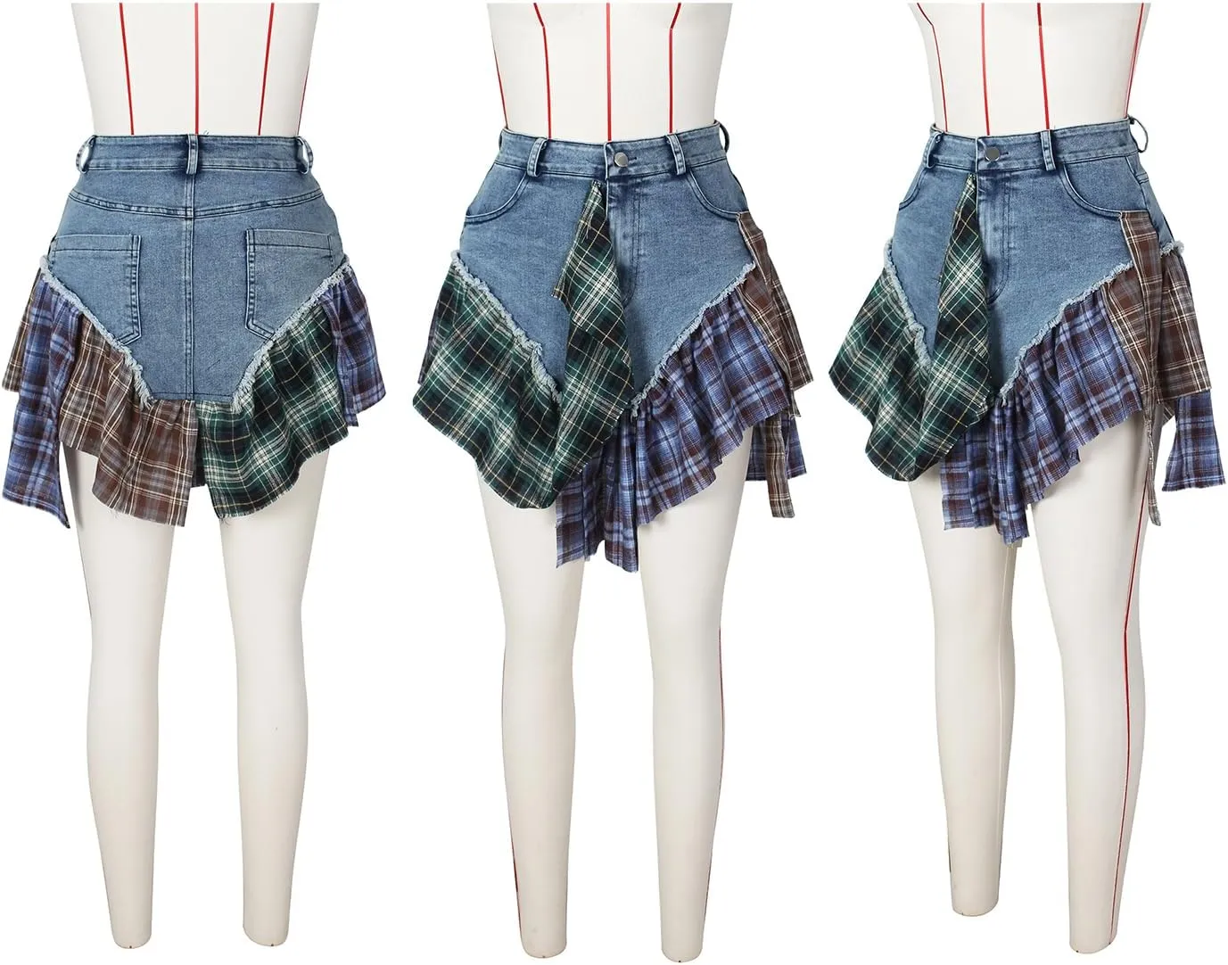 Angsuttc Skirts for Women Trendy Summer Denim Plaid Patchwork High Waisted Mini Skirt