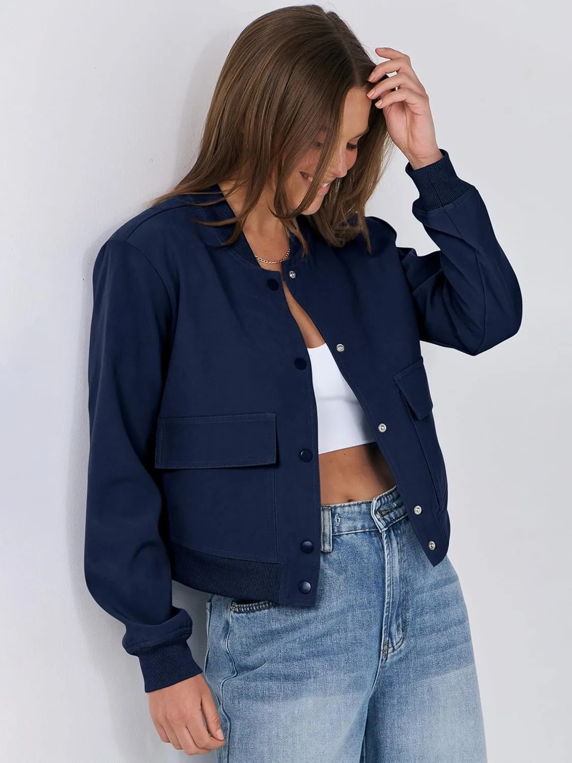 ANRABESS Womens Bomber Jacket Button Cropped Casual Varsity Jackets Shackets Fall Trendy Fashion Travel Outfits with Pockets