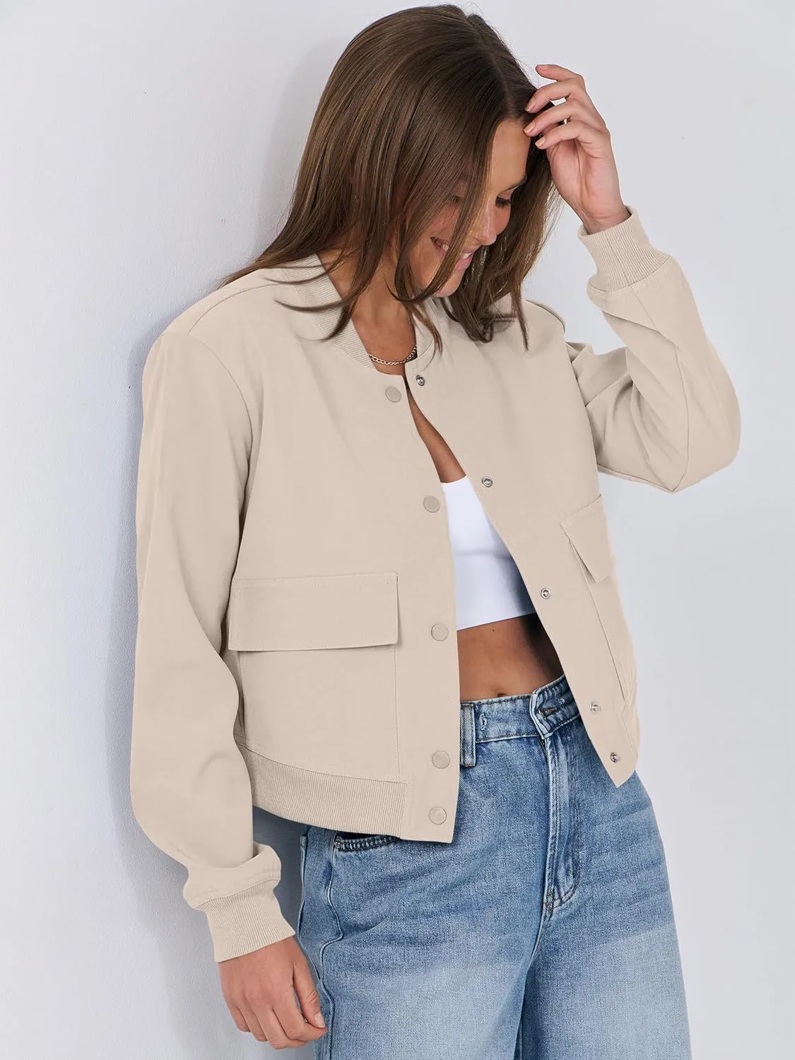 ANRABESS Womens Bomber Jacket Button Cropped Casual Varsity Jackets Shackets Fall Trendy Fashion Travel Outfits with Pockets