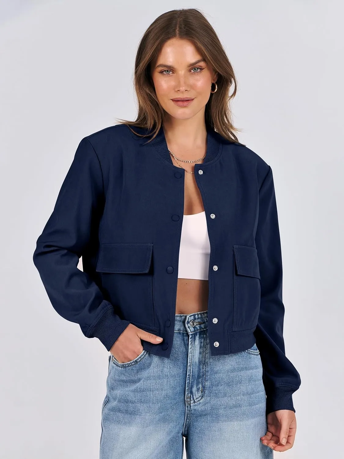 ANRABESS Womens Bomber Jacket Button Cropped Casual Varsity Jackets Shackets Fall Trendy Fashion Travel Outfits with Pockets