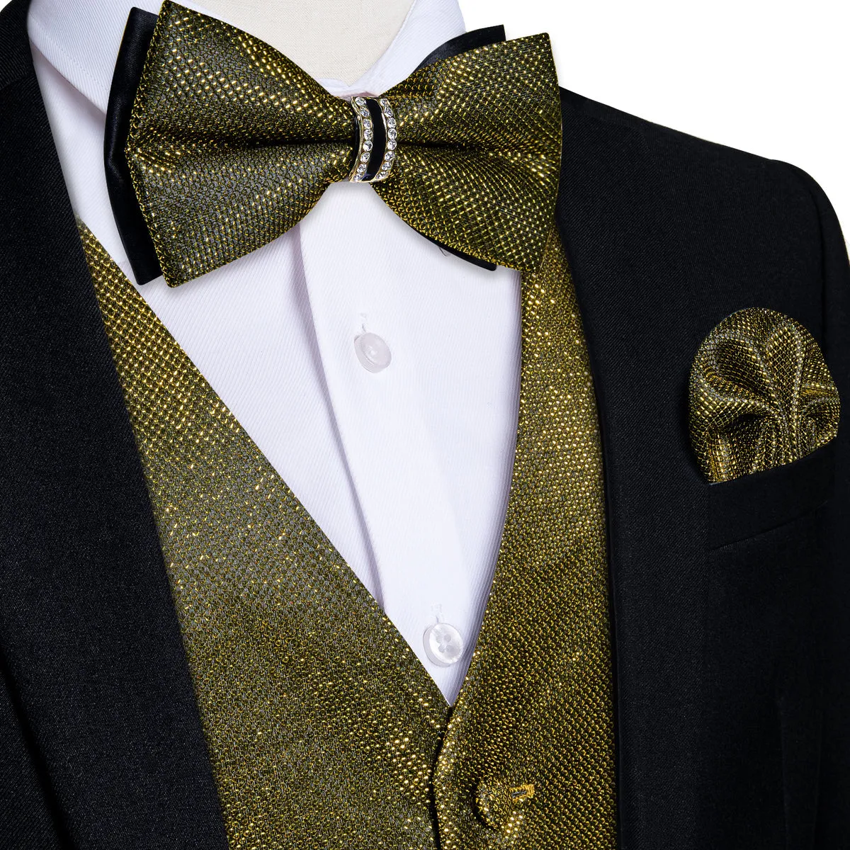 Army Green Shiny Vest Set with Matching Bow Tie, Hanky, and Cufflinks
