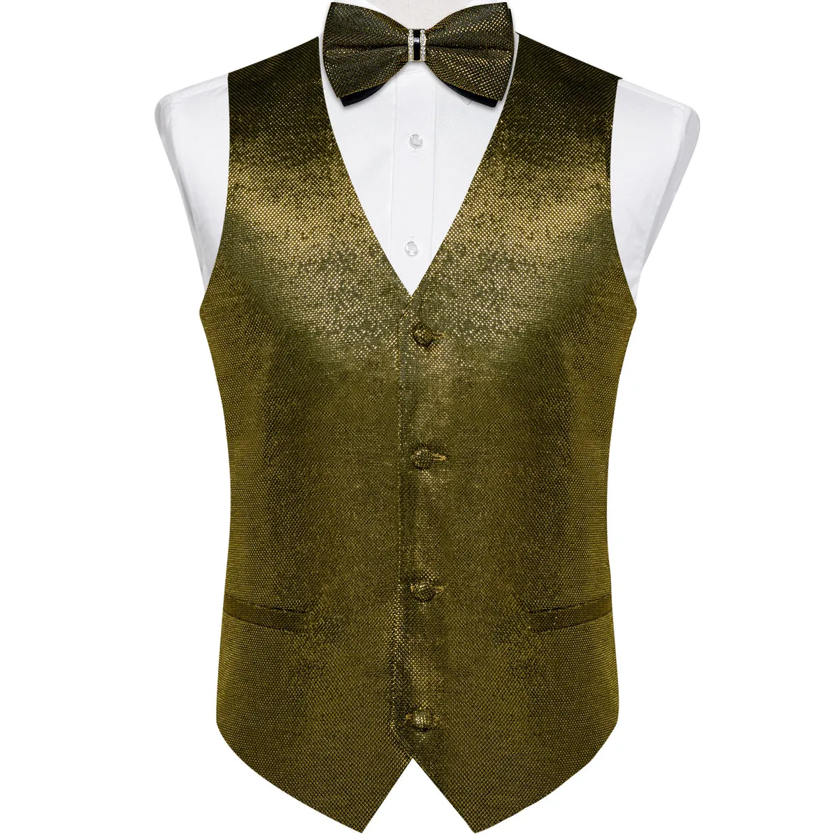 Army Green Shiny Vest Set with Matching Bow Tie, Hanky, and Cufflinks