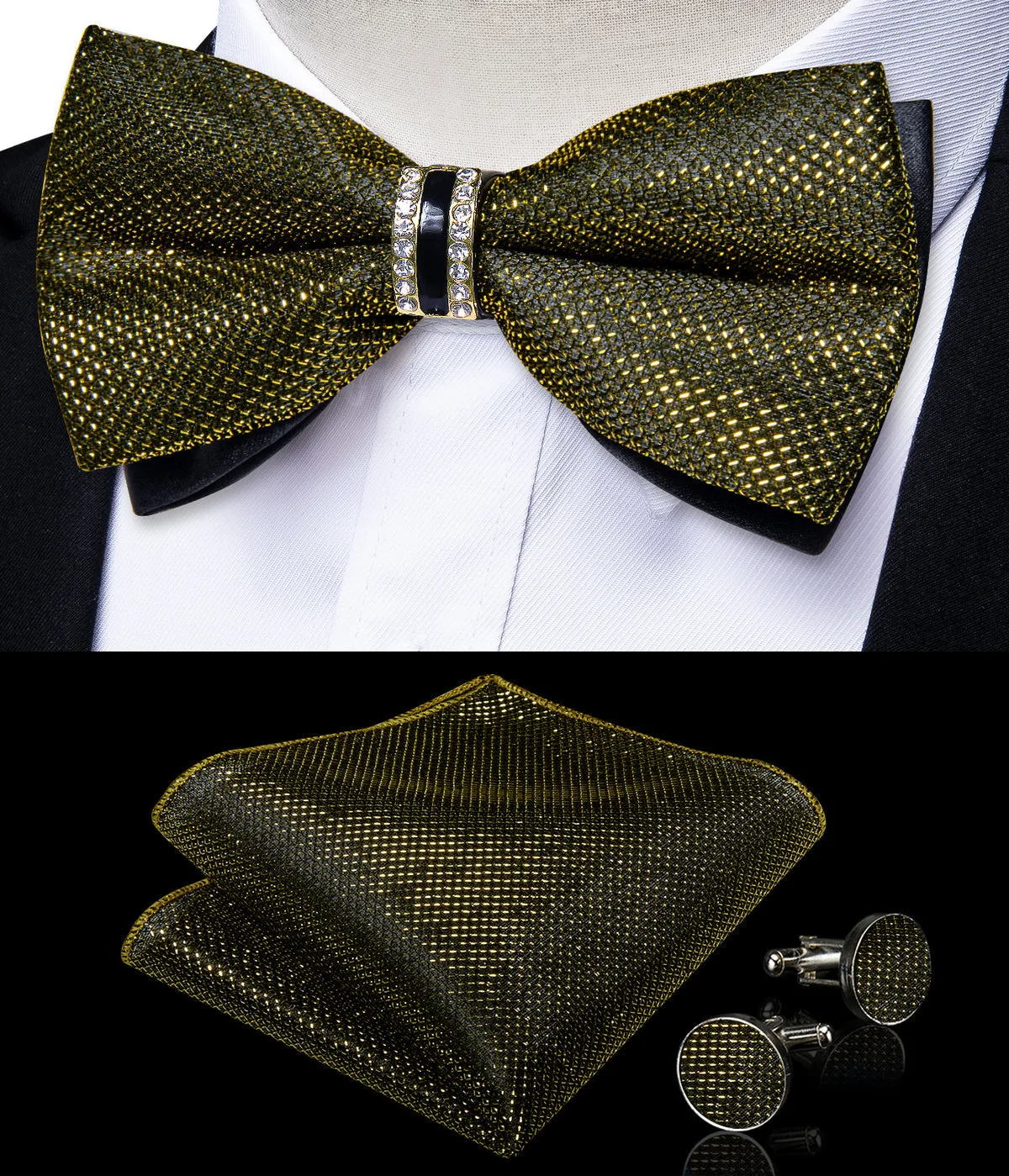 Army Green Shiny Vest Set with Matching Bow Tie, Hanky, and Cufflinks