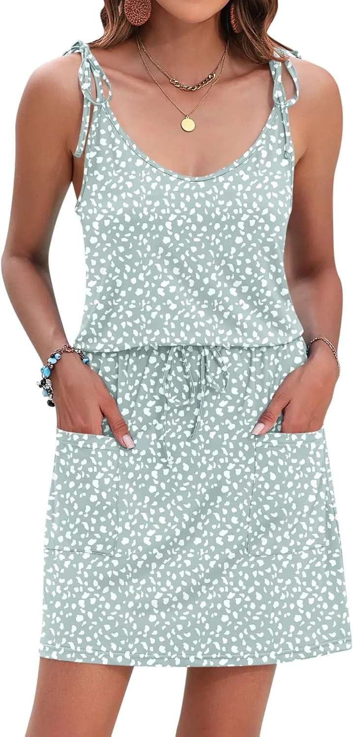 AUSELILY Womens Summer Dresses Sleeveless Spaghetti Strap Beach Cover up Drawstring Waist Mini Short Dress with Pockets