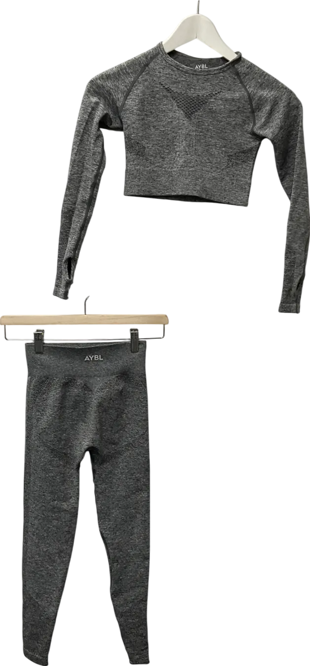 aybl Grey Motion Seamless Long Sleeve Crop Top & Empower Seamless Leggings Set UK XS