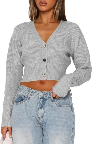 Balimtoy Cropped Cardigan Sweaters for Women Long Sleeve V Neck Knit Short Cardigan Button Up Sweater Trendy Fall Outfits