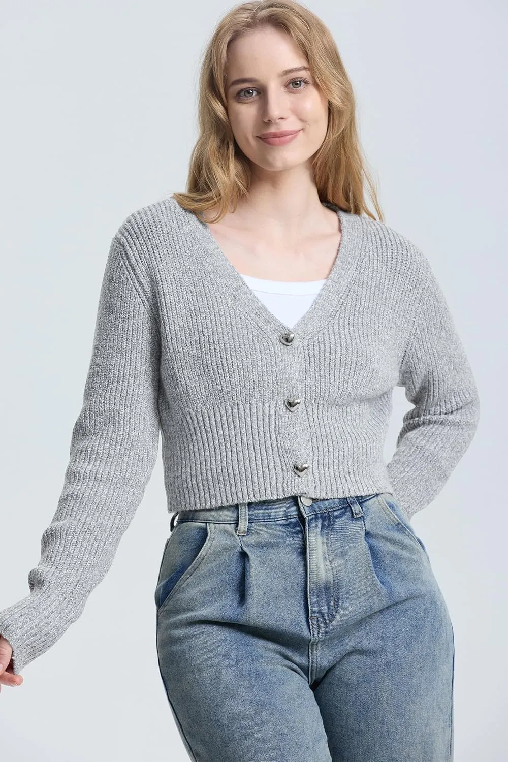 Balimtoy Cropped Cardigan Sweaters for Women Long Sleeve V Neck Knit Short Cardigan Button Up Sweater Trendy Fall Outfits