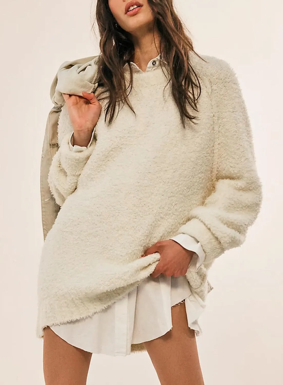 Beaully Women's Oversized Long Sleeve Crewneck Fuzzy Knit Warm Sweaters 2024 Fall Pullover Sweater Tops