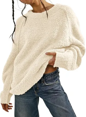Beaully Women's Oversized Long Sleeve Crewneck Fuzzy Knit Warm Sweaters 2024 Fall Pullover Sweater Tops