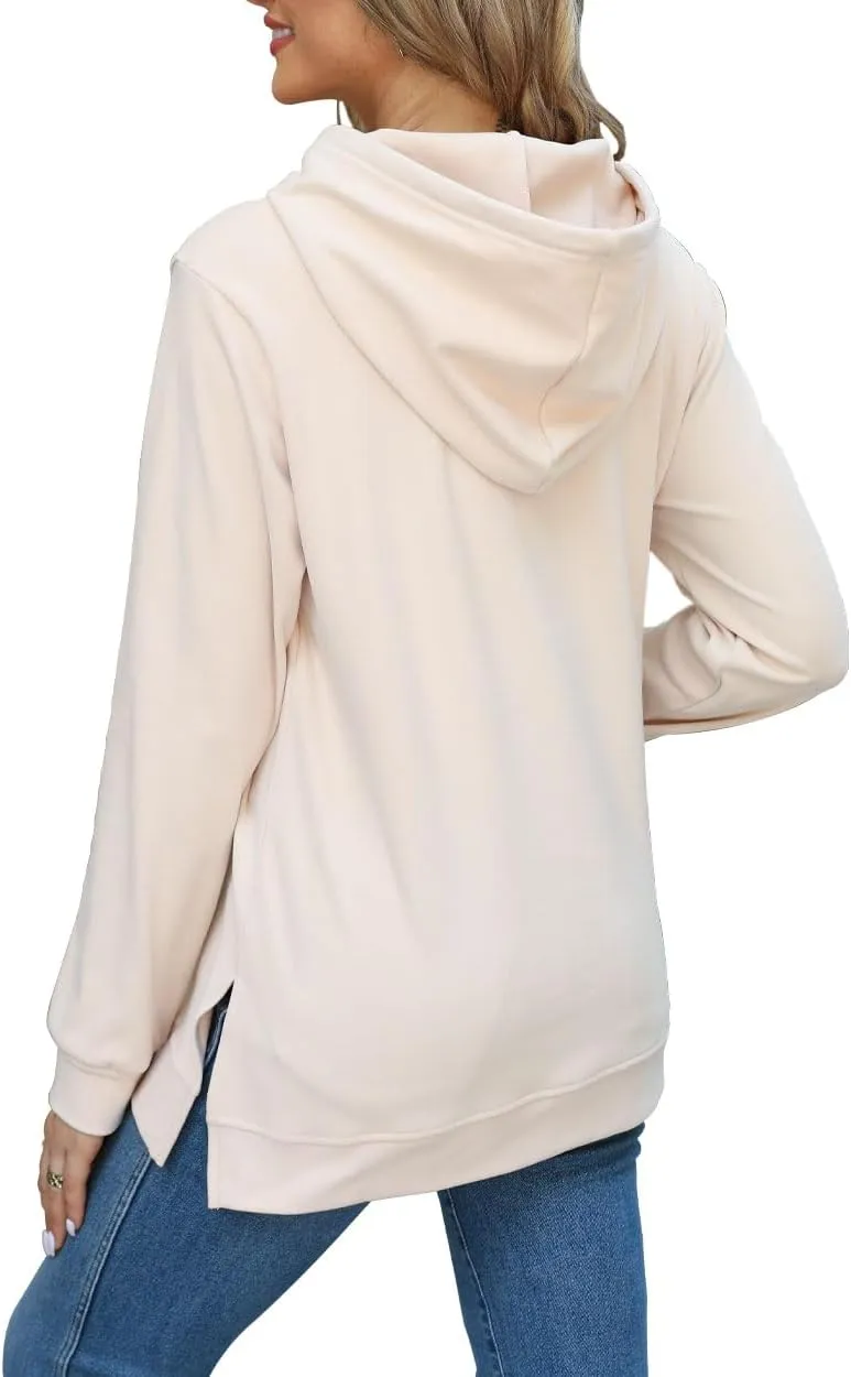 Beimuc Hoodies for Women Fashion Split Hem Drawstring Casual Long Sleeve Sweatshirts Tops with Pockets