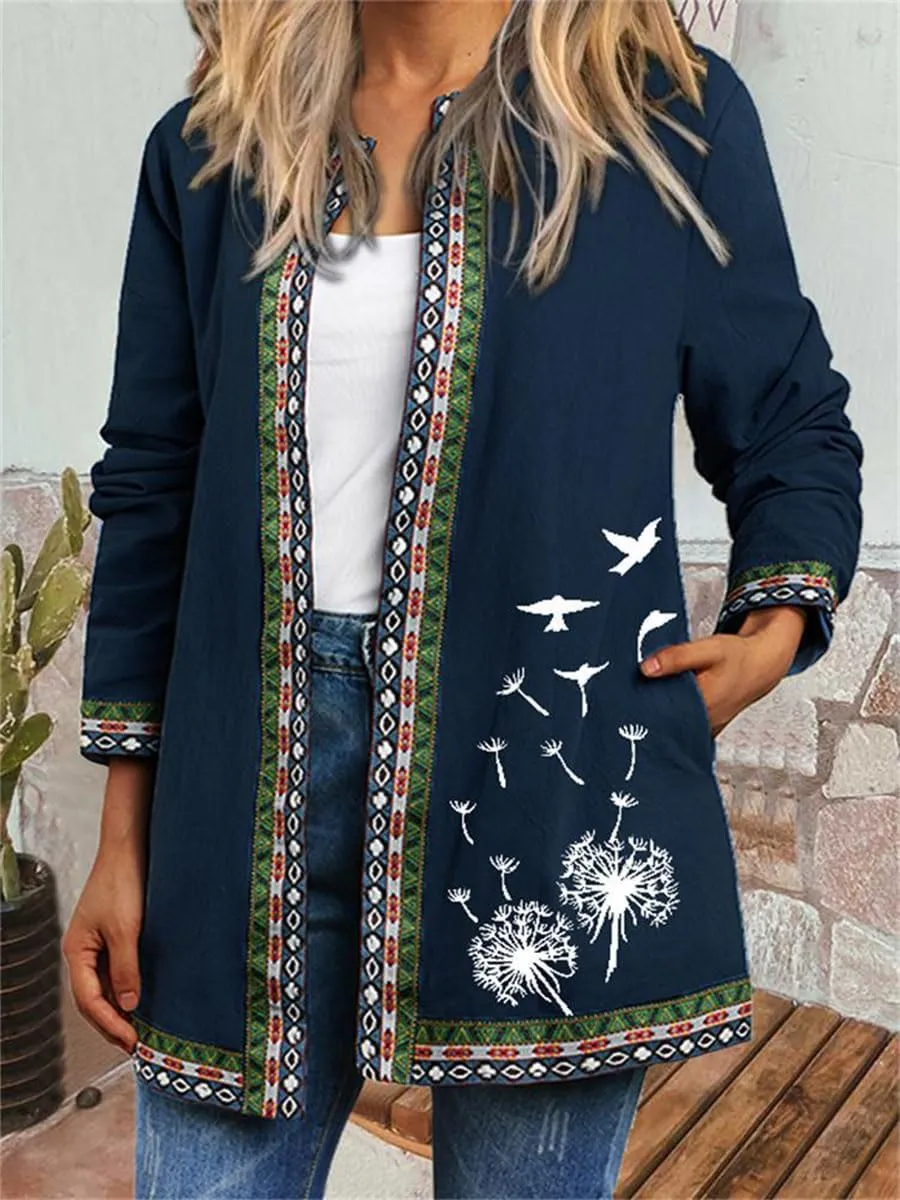 Bengbobar Women's Fall Ethnic Boho Floral Print Long Sleeve Jacket Coat Casual Oversize Crewneck Cardigan with Pocket M-5XL