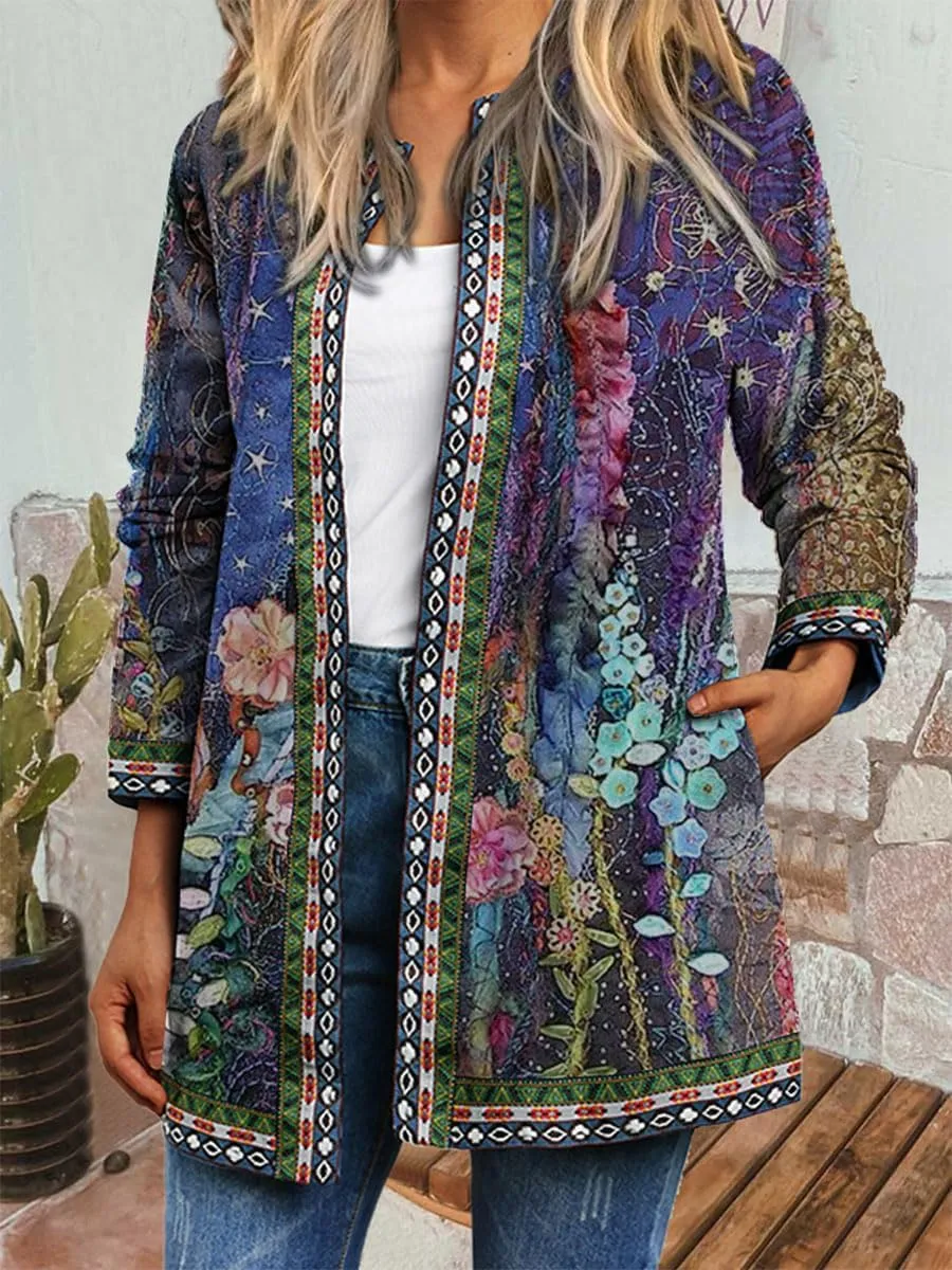 Bengbobar Women's Fall Ethnic Boho Floral Print Long Sleeve Jacket Coat Casual Oversize Crewneck Cardigan with Pocket M-5XL