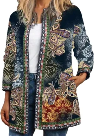 Bengbobar Women's Fall Ethnic Boho Floral Print Long Sleeve Jacket Coat Casual Oversize Crewneck Cardigan with Pocket M-5XL