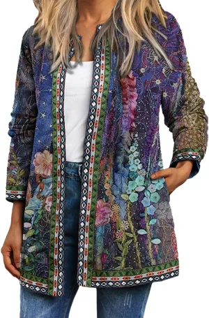 Bengbobar Women's Fall Ethnic Boho Floral Print Long Sleeve Jacket Coat Casual Oversize Crewneck Cardigan with Pocket M-5XL