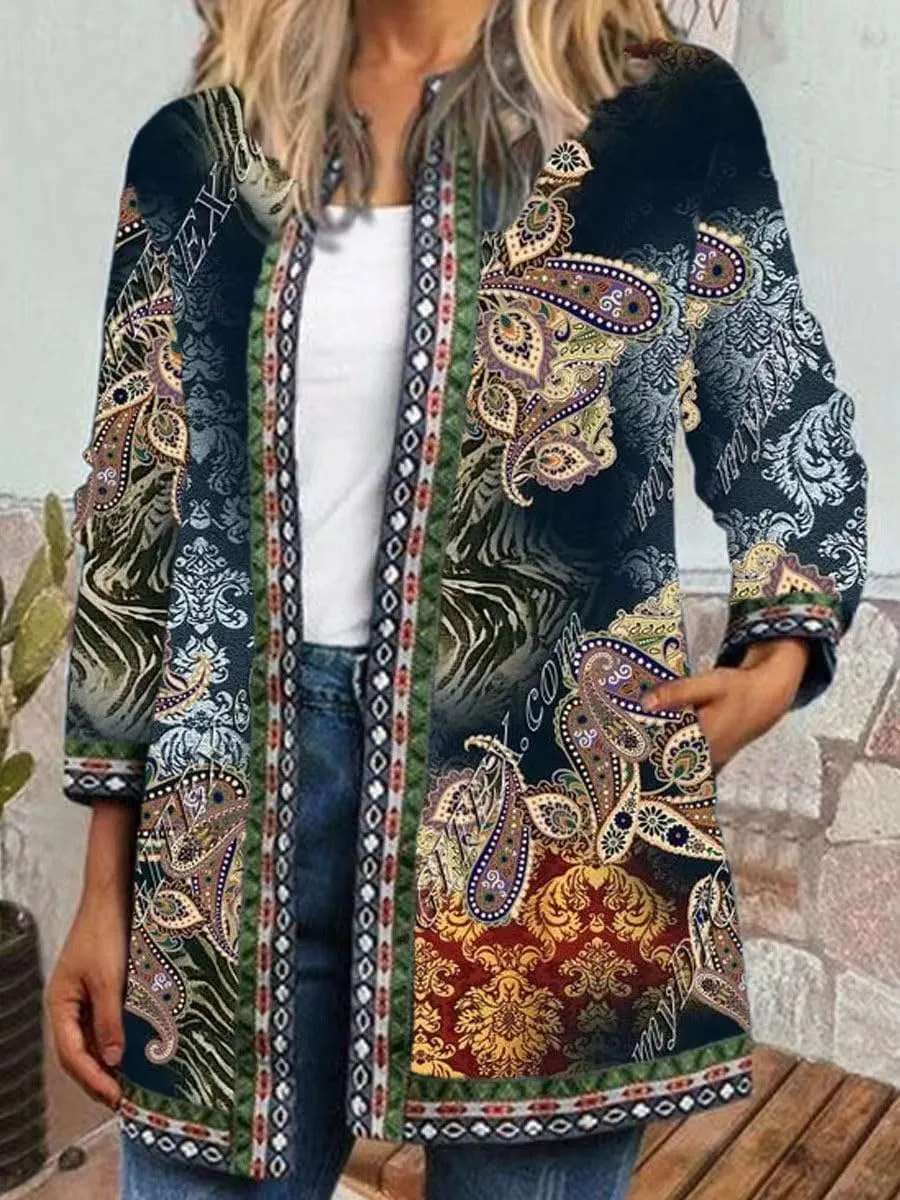 Bengbobar Women's Fall Ethnic Boho Floral Print Long Sleeve Jacket Coat Casual Oversize Crewneck Cardigan with Pocket M-5XL