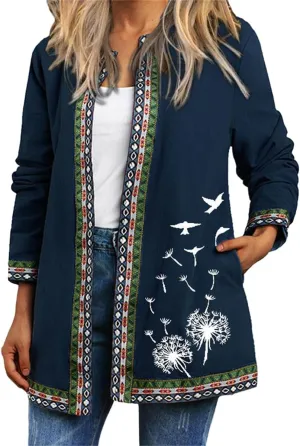 Bengbobar Women's Fall Ethnic Boho Floral Print Long Sleeve Jacket Coat Casual Oversize Crewneck Cardigan with Pocket M-5XL