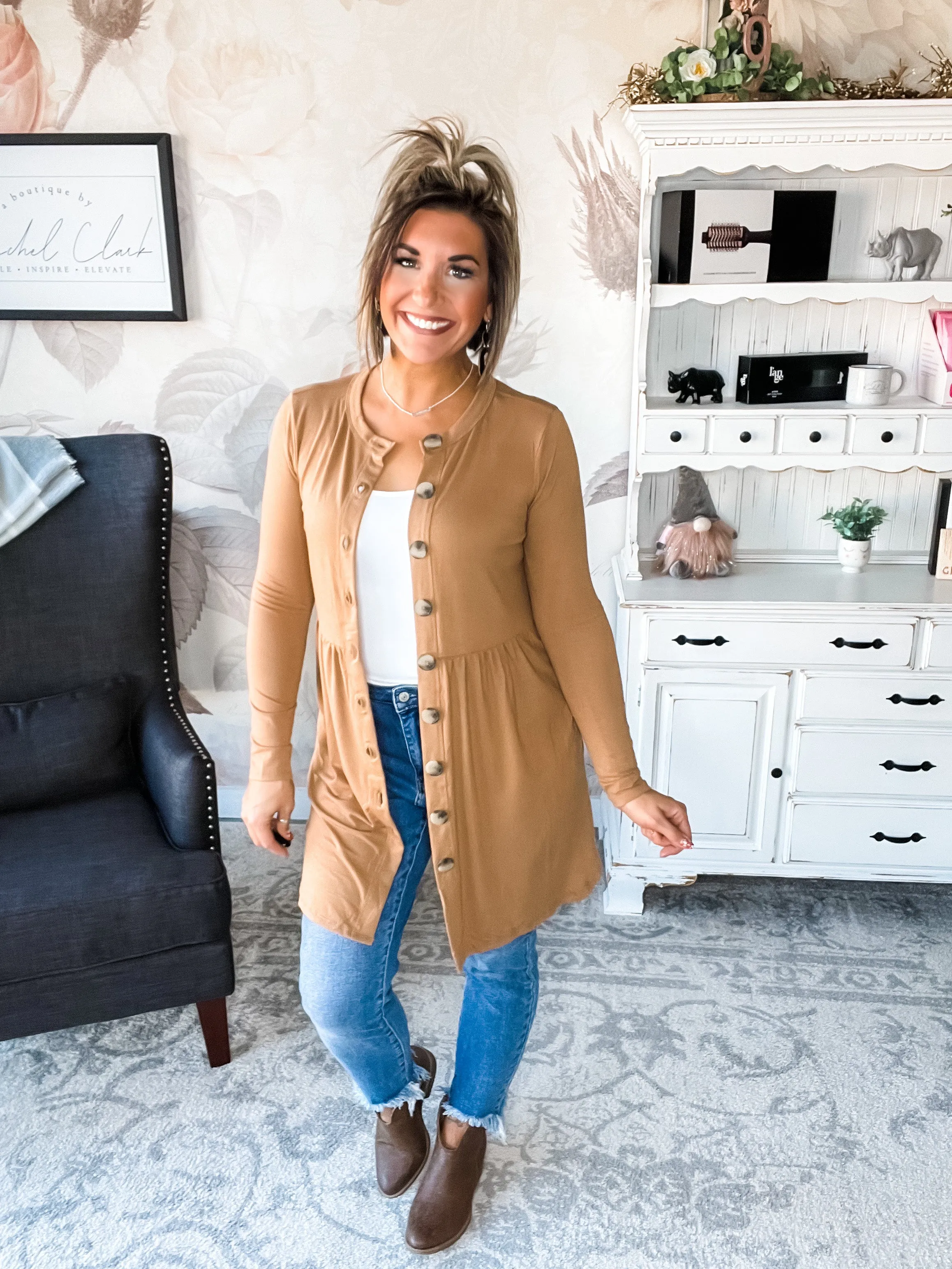 Best Deal Yet Shirred Waist Cardigan - Camel