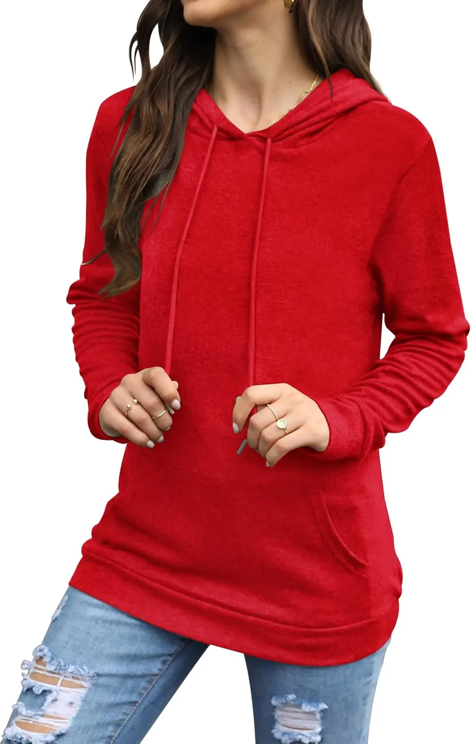 BEUFRI Hoodies for Women Casual Long Sleeve Solid Pullover Tops Loose Sweatshirt with Pocket