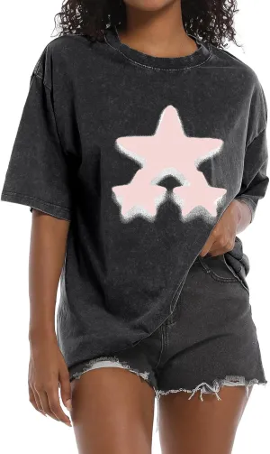 BINTEHGS Star Shirt Oversized Graphic Tees for Women Y2k Grunge Acid Wash Tshirt Vintage Baggy Streetwear Shirts for Teens