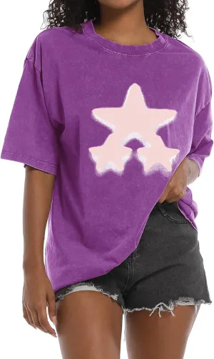 BINTEHGS Star Shirt Oversized Graphic Tees for Women Y2k Grunge Acid Wash Tshirt Vintage Baggy Streetwear Shirts for Teens