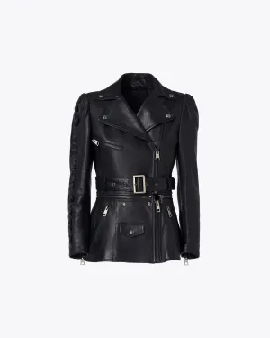 Black fully lined leather jacket with belt