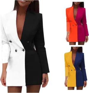 Blazer Dress for Women Trendy Colorblock Coats Double Breasted Long Sleeve Jackets with Pockets