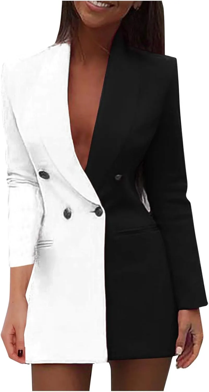 Blazer Dress for Women Trendy Colorblock Coats Double Breasted Long Sleeve Jackets with Pockets