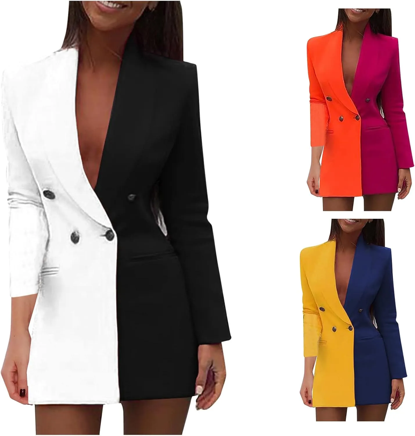 Blazer Dress for Women Trendy Colorblock Coats Double Breasted Long Sleeve Jackets with Pockets