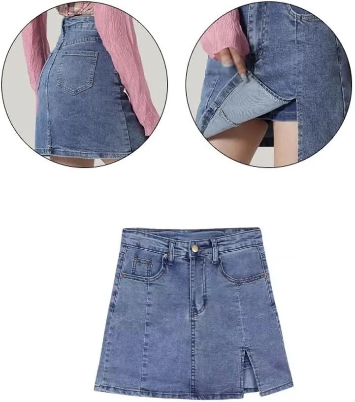 Bloomy Jean Skorts, Bloomy Skorts, Woman High Waisted Casual Stretchy Denim Skirt Side Split Mini Skirts