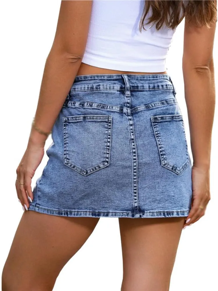 Bloomy Jean Skorts, Bloomy Skorts, Woman High Waisted Casual Stretchy Denim Skirt Side Split Mini Skirts