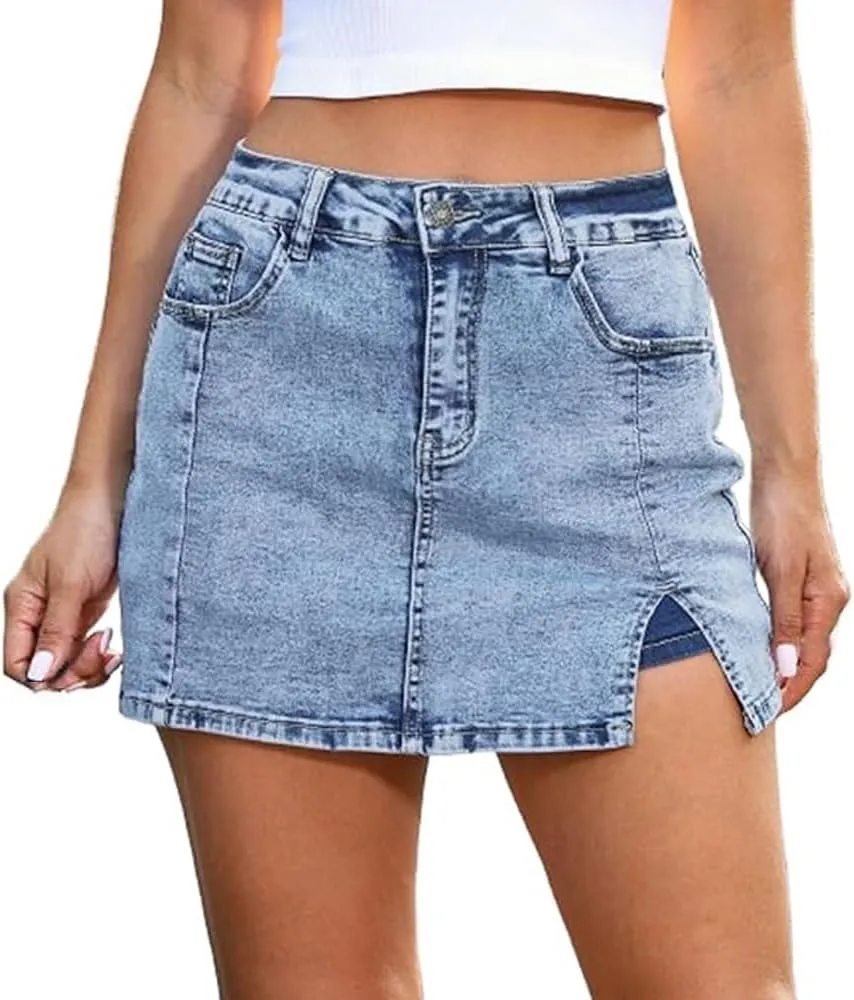 Bloomy Jean Skorts, Bloomy Skorts, Woman High Waisted Casual Stretchy Denim Skirt Side Split Mini Skirts