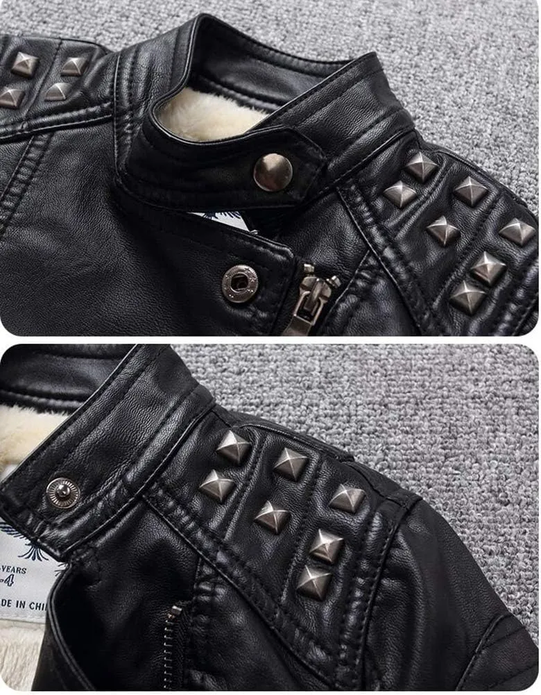 Boys Girls Spring Motorcycle Faux Leather Studded Jackets with Oblique Zipper Clothing Coat