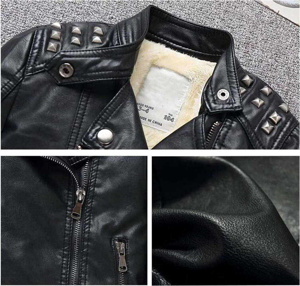 Boys Girls Spring Motorcycle Faux Leather Studded Jackets with Oblique Zipper Clothing Coat