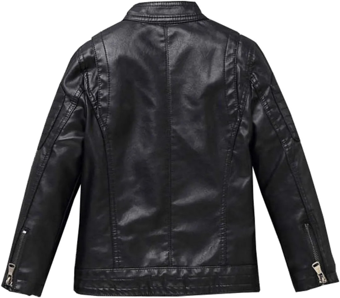 Boys Girls Spring Motorcycle Faux Leather Studded Jackets with Oblique Zipper Clothing Coat