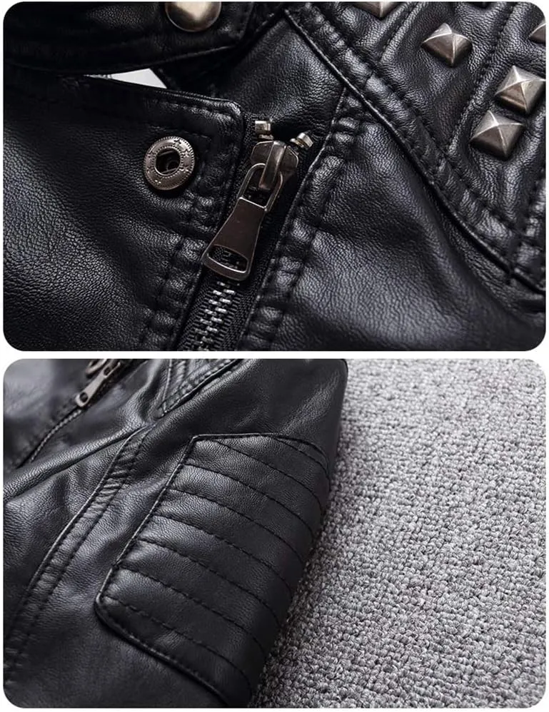 Boys Girls Spring Motorcycle Faux Leather Studded Jackets with Oblique Zipper Clothing Coat