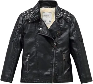 Boys Girls Spring Motorcycle Faux Leather Studded Jackets with Oblique Zipper Clothing Coat