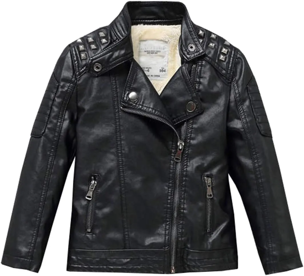 Boys Girls Spring Motorcycle Faux Leather Studded Jackets with Oblique Zipper Clothing Coat