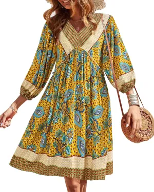 BTFBM Women Casual Spring Summer Dresses V Neck 3/4 Long Sleeve Ruffle Floral Flowy Boho Babydoll Mini Short Beach Dress